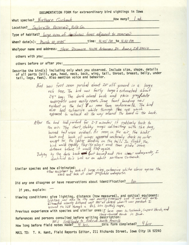 Rare bird documentation form for a Northern Goshawk at Saylorville Reservoir in Polk County, IA on March 10, 1985.