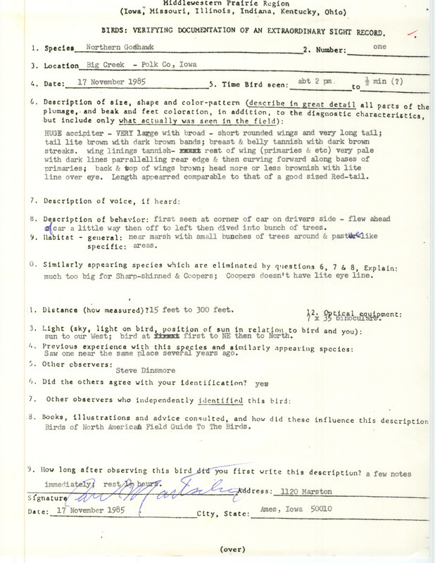 Rare bird documentation form for a Northern Goshawk at Big Creek in Polk County, IA on November 17, 1985.