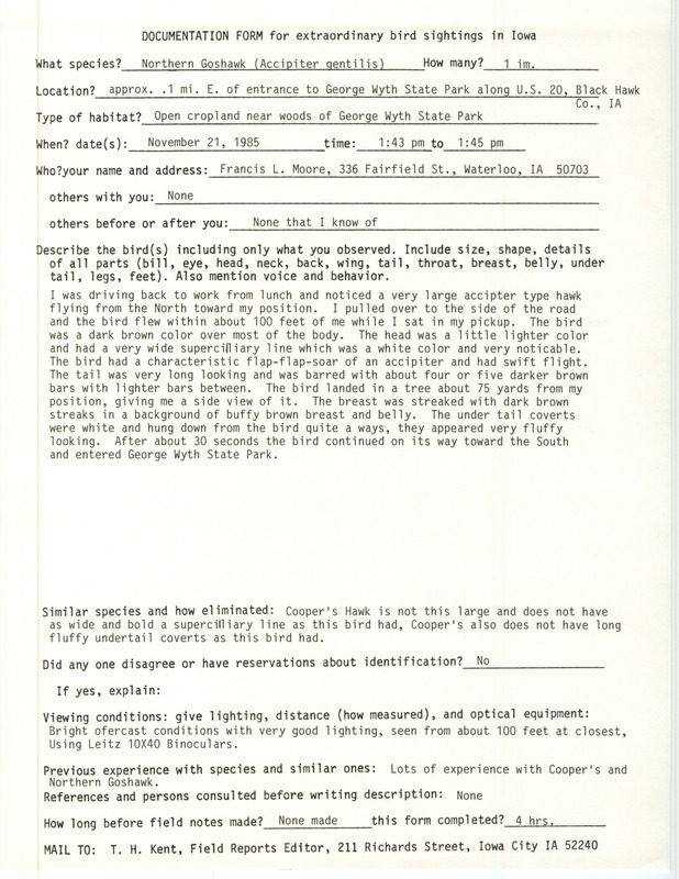 Rare bird documentation form for a Northern Goshawk at George Wyth State Park in Black Hawk County, IA on November 21, 1985.