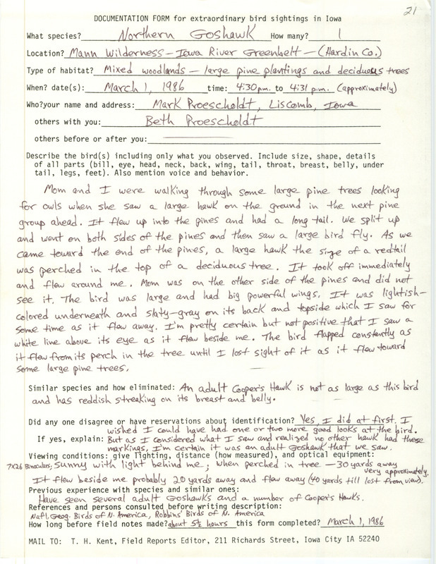 Rare bird documentation form for a Northern Goshawk at Mann Wilderness in Hardin County, IA on March 1, 1986.