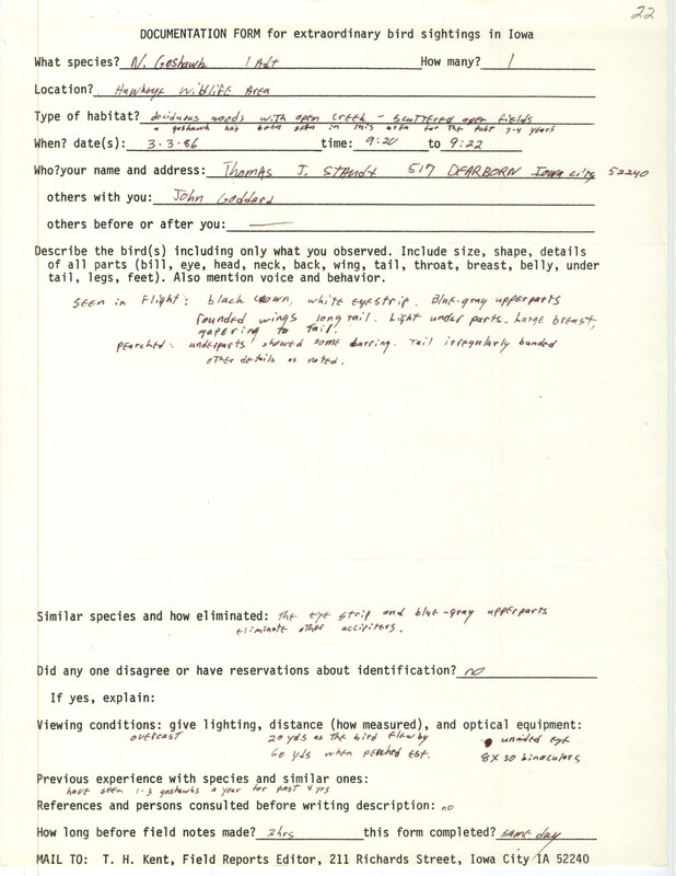 Rare bird documentation form for a Northern Goshawk at Hawkeye Wildlife Area in Johnson County, IA on March 3, 1986.