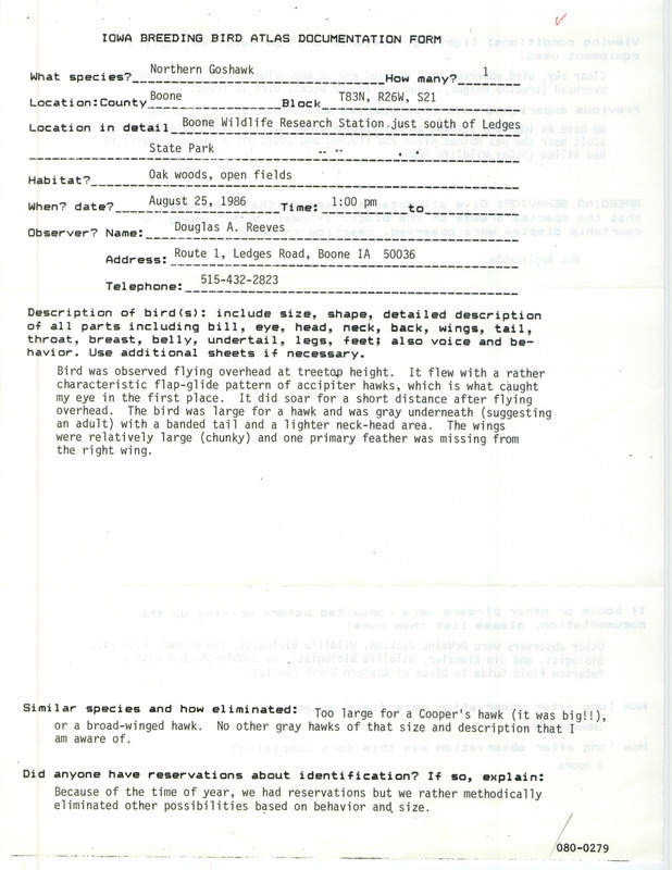 Rare bird documentation form for a Northern Goshawk at Boone Wildlife Research Station south of Ledges State Park in Boone County, IA on August 25, 1986.