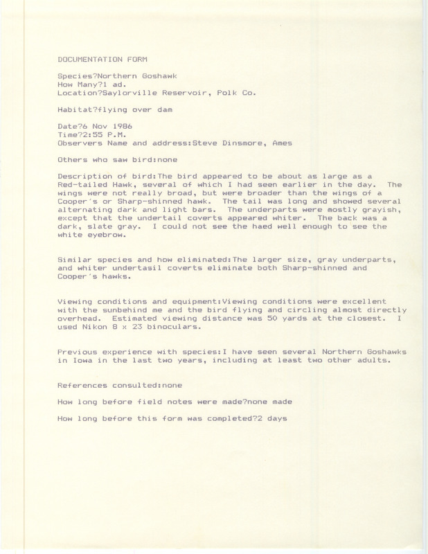 Rare bird documentation form for a Northern Goshawk at Saylorville Reservoir in Polk County, IA on November 6, 1986.