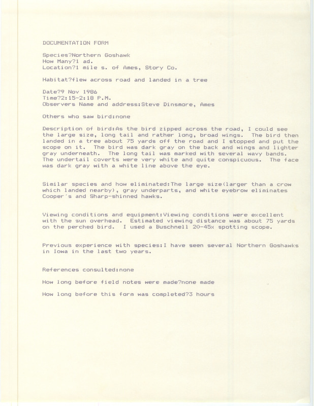 Rare bird documentation form for a Northern Goshawk at Ames in Story County, IA on November 9, 1986.