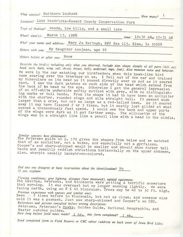 Rare bird documentation form for a Northern Goshawk at Lake Hendricks in Howard County, IA on March 13, 1988.