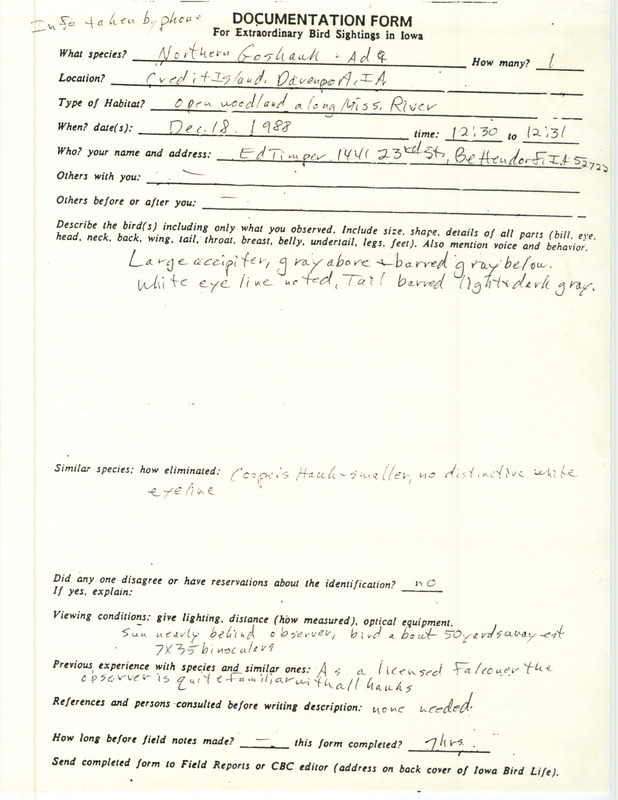 Rare bird documentation form for a Northern Goshawk at Credit Island in Davenport in Scott County, IA on December 18, 1988.