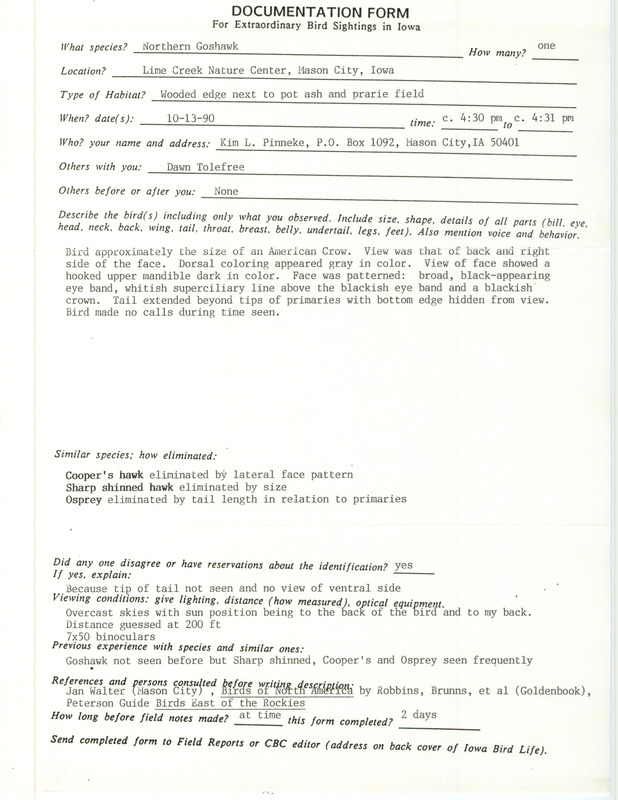 Rare bird documentation form for a Northern Goshawk at Lime Creek Nature Center in Mason City in Cerro Gordo County, IA on October 13, 1990.