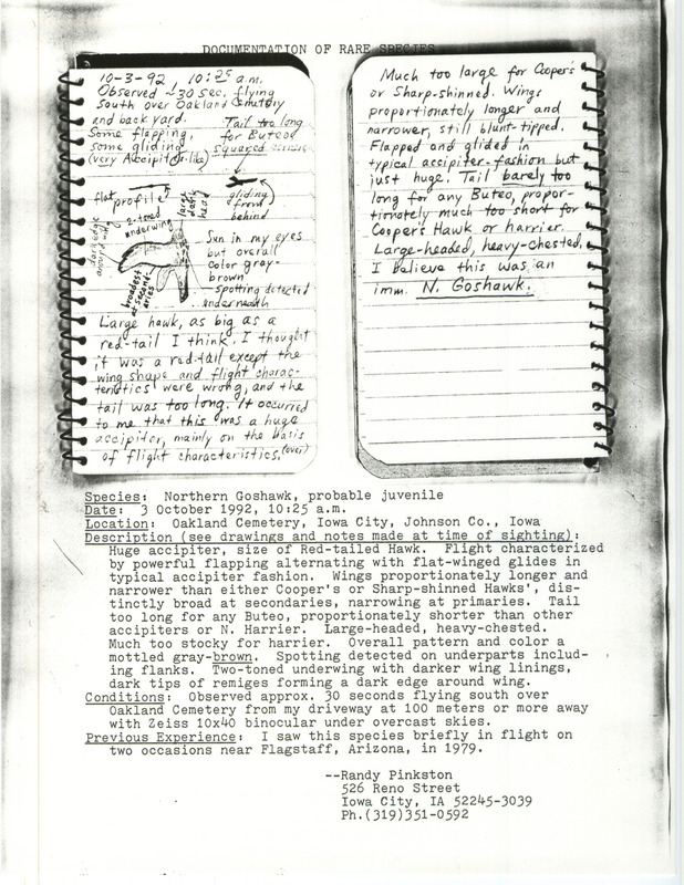 Rare bird documentation form for a Northern Goshawk at Oakland Cemetery in Iowa City in Johnson County, IA on October 3, 1992.