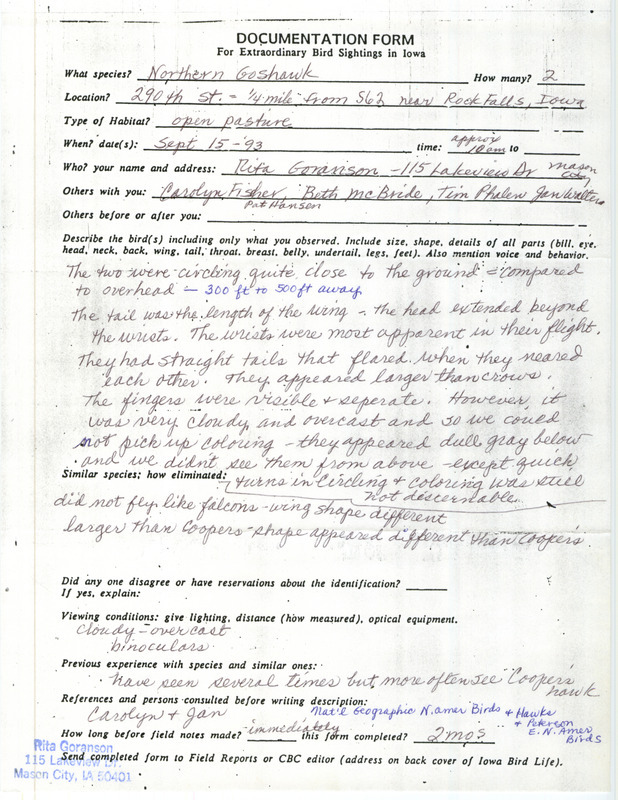 Rare bird documentation form for two Northern Goshawks at Rock Falls in Cerro Gordo County, IA on September 15, 1993.