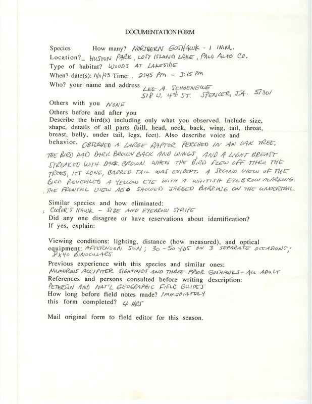 Rare bird documentation form for a Northern Goshawk at Lost Island Lake in Huston Park in Palo Alto County, IA on November 11, 1993.