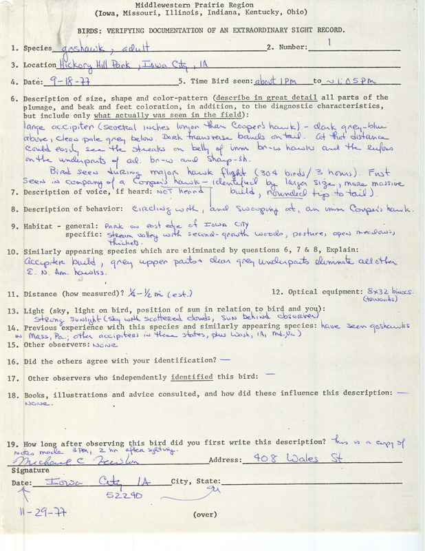 Rare bird documentation form for a Northern Goshawk at Hickory Hill Park in Iowa City in Johnson County, IA on September 18, 1977.