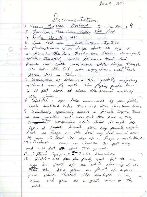 Rare bird documentation form for a Northern Goshawk at Green Valley State Park in Union County, IA on April 4, 1980.