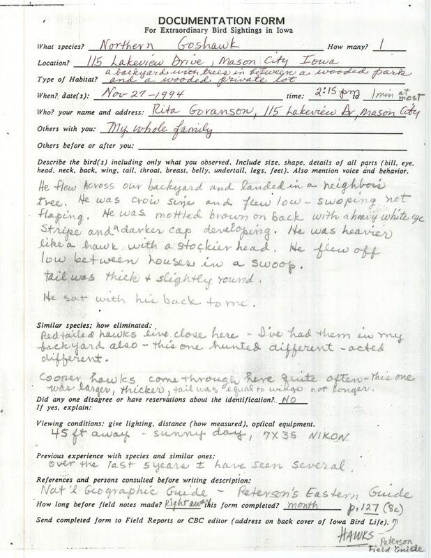 Rare bird documentation form for a Northern Goshawk at Mason City in Cerro Gordo County, IA on November 27, 1994.