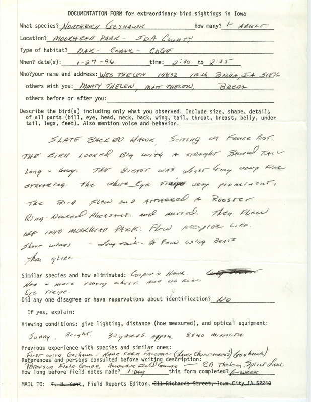 Rare bird documentation form for a Northern Goshawk at Moorehead Park in Ida County, IA on January 27, 1996.