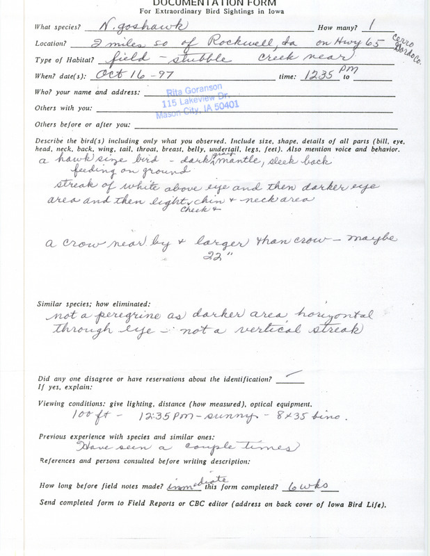 Rare bird documentation form for a Northern Goshawk at Rockwell in Cerro Gordo County, IA on October 16, 1997.