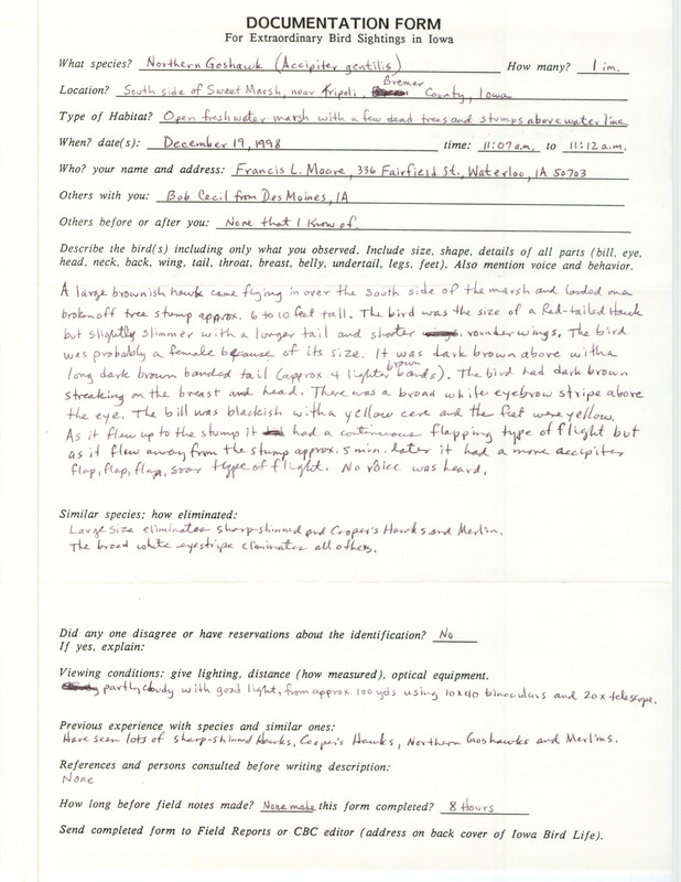 Rare bird documentation form for a Northern Goshawk at Sweet March in Bremer County, IA on December 19, 1998.