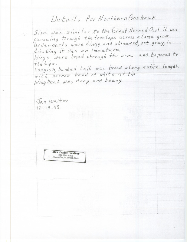 Field notes written by Janice Walter detailing the sighting of a Northern Goshawk dated December 19, 1998.