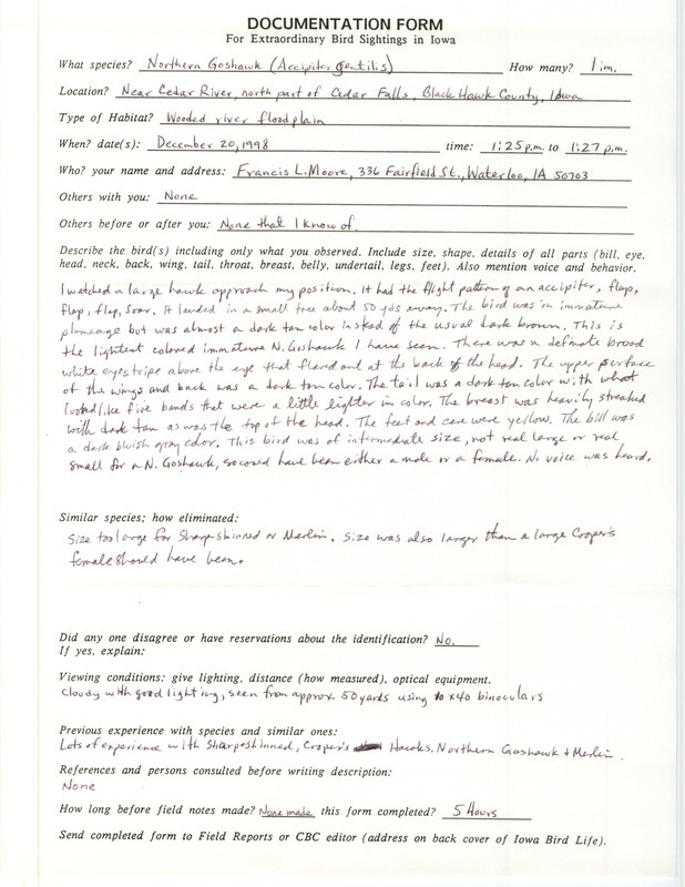 Rare bird documentation form for a Northern Goshawk at Cedar Falls in Black Hawk County, IA on December 20, 1998.