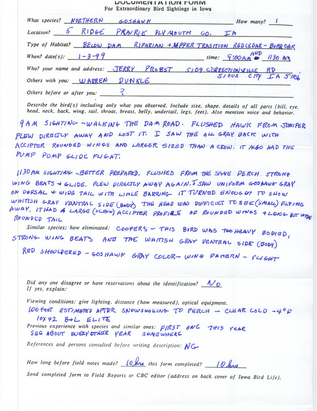 Rare bird documentation form for a Northern Goshawk at Five Ridge Prairie State Park in Plymouth County, IA on January 3, 1999.