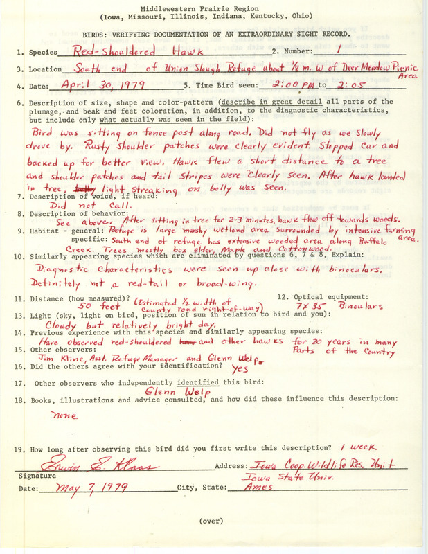 Rare bird documentation form for a Red-shouldered Hawk at Union Slough Refuge in Kossuth County, IA on April 30, 1979.