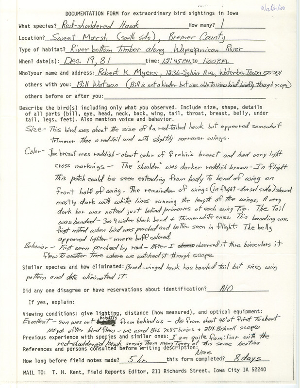 Rare bird documentation form for a Red-shouldered Hawk at Sweet March in Bremer County, IA on December 19, 1981.