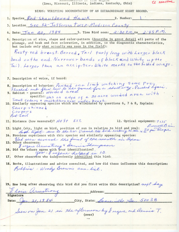 Rare bird documentation form for a Red-shouldered Hawk at Jefferson Township in Madison County, IA on January 20, 1984.