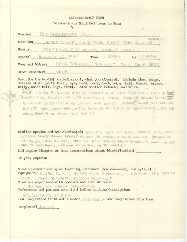 Rare bird documentation form for a Red-shouldered Hawk at Clear Creek Township in Jasper County, IA on January 22, 1984.