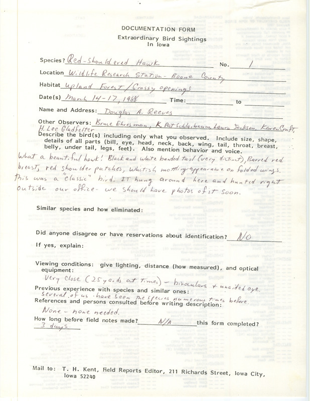 Rare bird documentation form for a Red-Shouldered Hawk at the Wildlife Research Station in Boone County, IA on March 14 to 17, 1988.