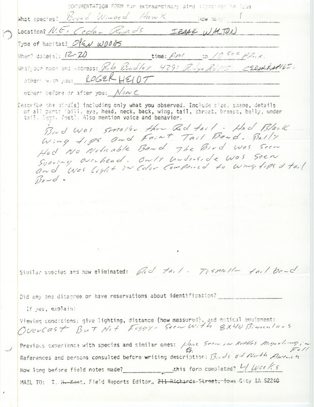 Rare bird documentation form for a Broad-winged Hawk at Cedar Rapids in Linn County, IA on December 20, unknown year.