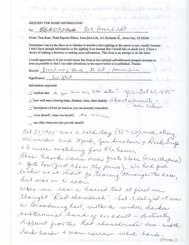 Rare bird documentation form for a Broad-winged Hawk at Grammer Grove in Marshall County, IA on October 21, 1995.