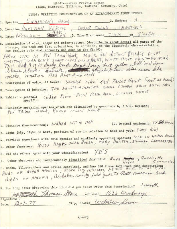 Rare bird documentation form for three Swainson's Hawks at Hartman Reserve in Cedar Falls in Black Hawk County, IA on April 20, 1977.