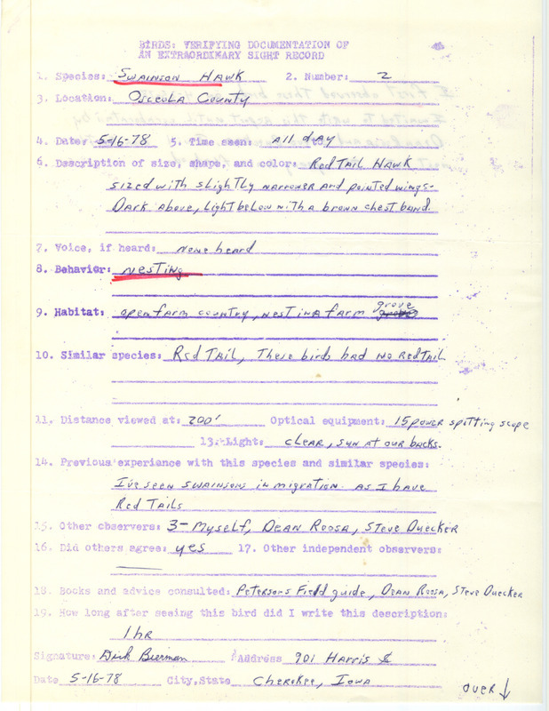 Rare bird documentation form for two Swainson's Hawks at Osceola County, IA on May 16, 1978.