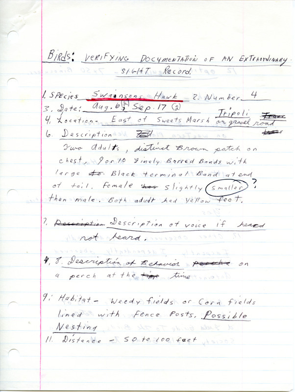 Rare bird documentation form for two separate sightings of Swainson's Hawks east of Sweet March in Bremer County, IA. The first sighting was for two hawks on August 6, 1977. The second sighting was for two hawks on September 17, 1977.