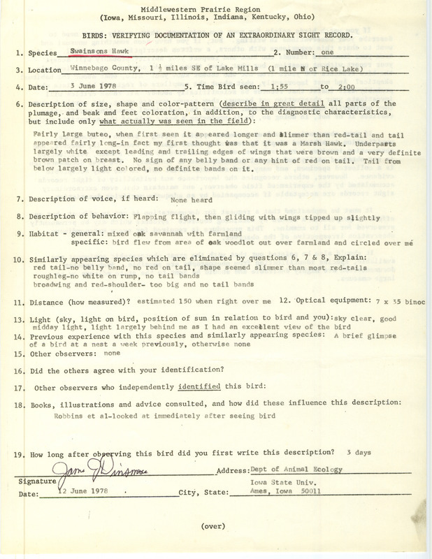 Rare bird documentation form for a Swainson's Hawk near Lake Mills and Rice Lake in Winnebago County, IA on June 3, 1978.