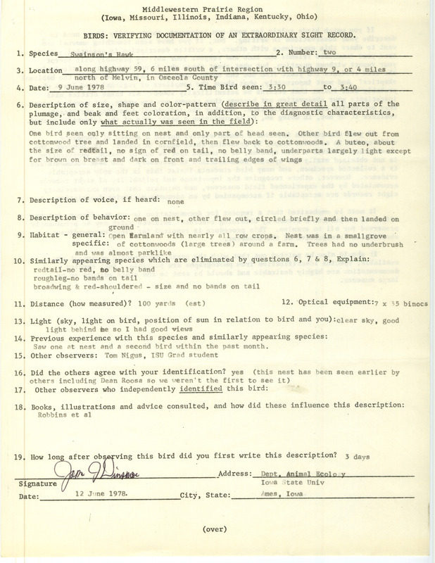 Rare bird documentation form for two Swainson's Hawks near Melvin in Osceola County, IA on June 9, 1978.