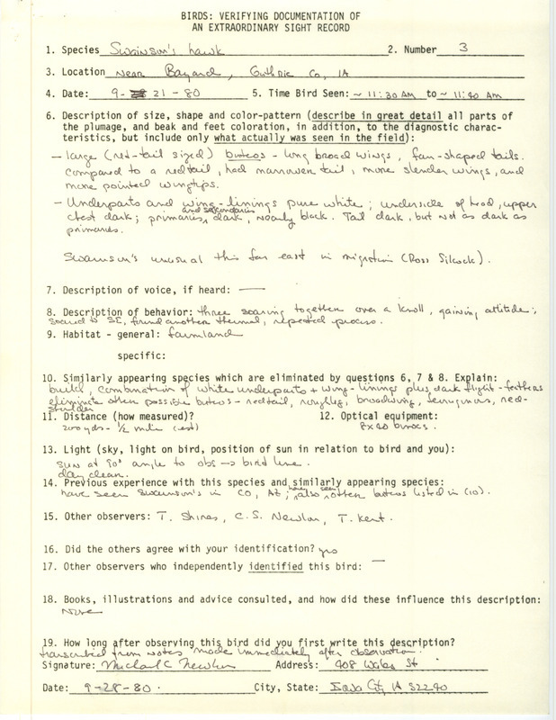 Rare bird documentation form for three Swainson's Hawks at Bayard in Guthrie County, IA on September 21, 1980.