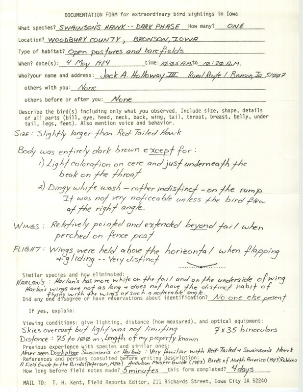 Rare bird documentation form for a Swainson's Hawk at Bronson in Woodbury County, IA on May 4, 1984.