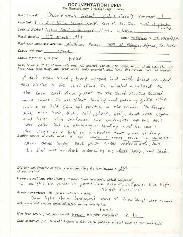 Rare bird documentation form for a Swainson's Hawk at Union Slough National Wildlife Refuge in Kossuth County, IA on March 27, 1988.