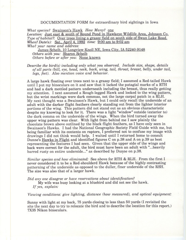 Rare bird documentation form for a Swainson's Hawk at Round Pond in Hawkeye Wildlife Area in Johnson County, IA on April 4, 1992.