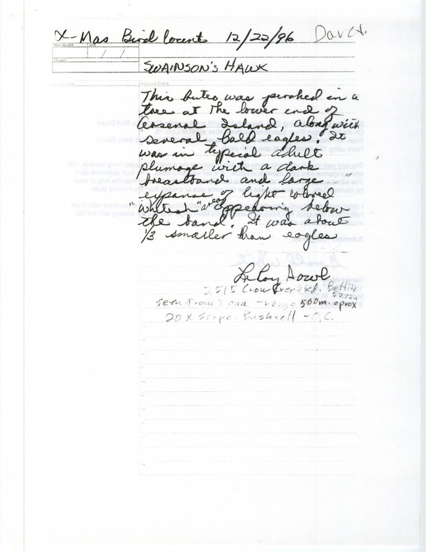Field notes by LeRoy Sowl giving details about a Swainson's Hawk seen on December 12, 1996, at Arsenal Island during the Christmas bird County.
