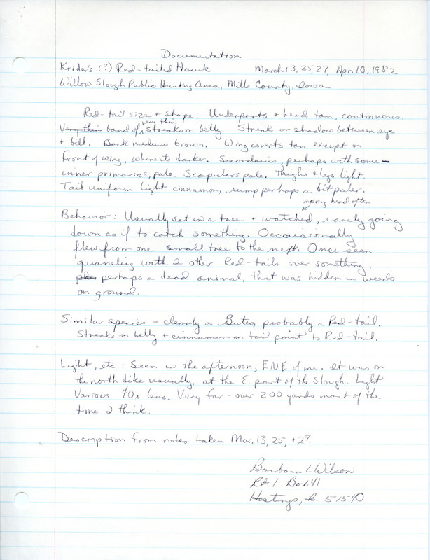 Rare bird documentation form for a Red-tailed Hawk at Willow Slough Public Hunting Area in Mills County, IA on March 13, 25, 27, and April 10, 1982.