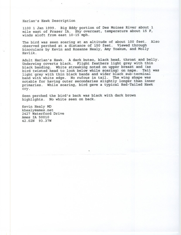 Rare bird documentation form for a Red-tailed Hawk on the Big Eddy portion of Des Moines River east of Fraser in Boone County, IA on January 1, 1999.