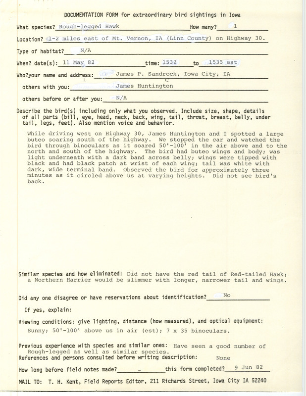 Rare bird documentation form for a Rough-legged Hawk east of Mount Vernon in Linn County, IA on May 11, 1982.