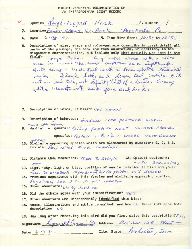 Rare bird documentation form for a Rough-legged Hawk at Pilot Creek County Park in Pocahontas County, IA on June 13, 1982.