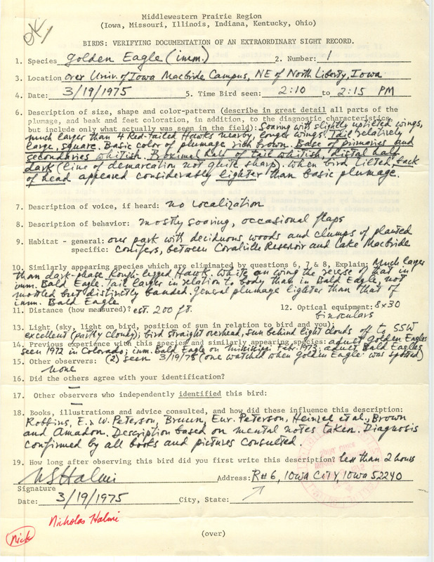 Rare bird documentation form for a Golden Eagle at Macbride Recreation Area northeast of North Liberty in Johnson County, IA on March 19, 1975.