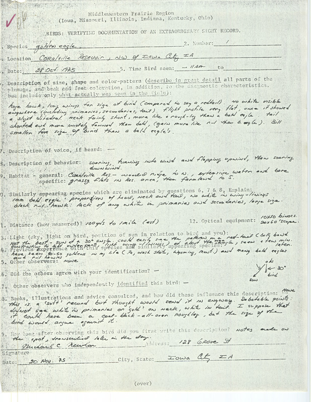 Rare bird documentation form for a Golden Eagle at Coralville Reservoir in Johnson County, IA on October 28, 1975.