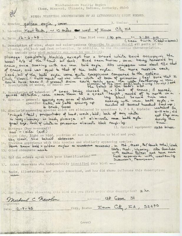 Rare bird documentation form for a Golden Eagle at Kent Park in Johnson County, IA on December 6, 1975.