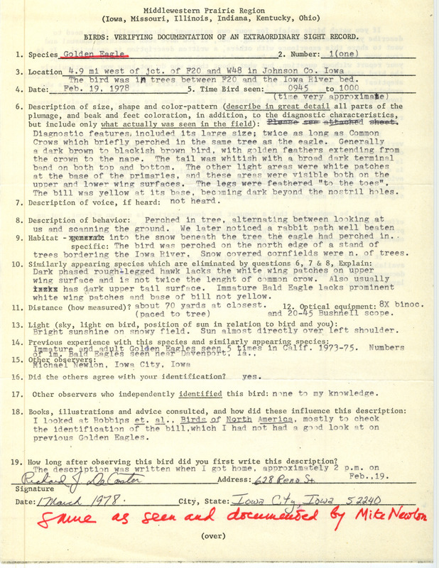 Rare bird documentation form for a Golden Eagle at Johnson County, IA on February 19, 1978.