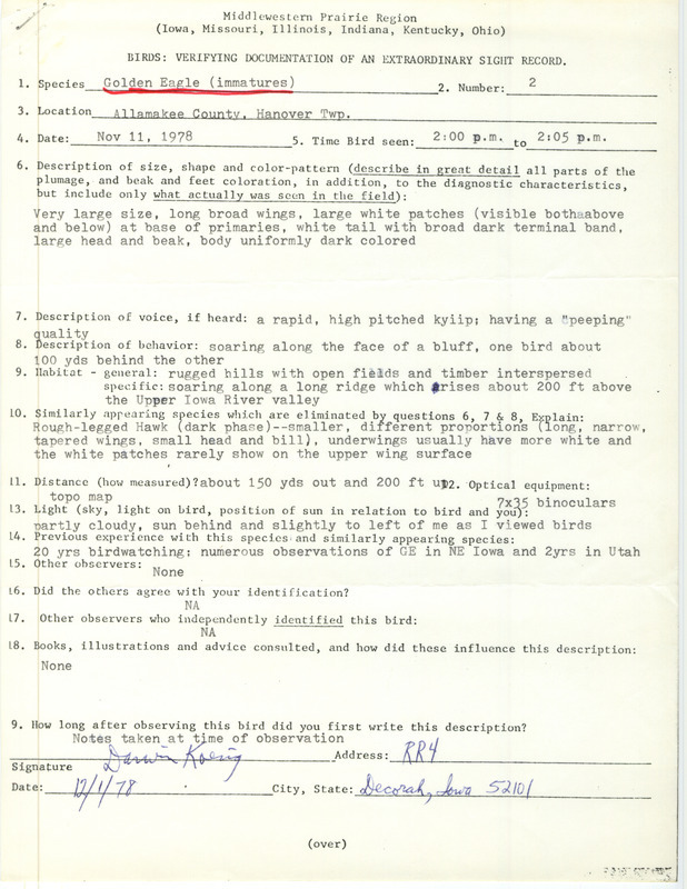 Rare bird documentation form for two Golden Eagles at Hanover Township in Allamakee County, IA on November 11, 1978.