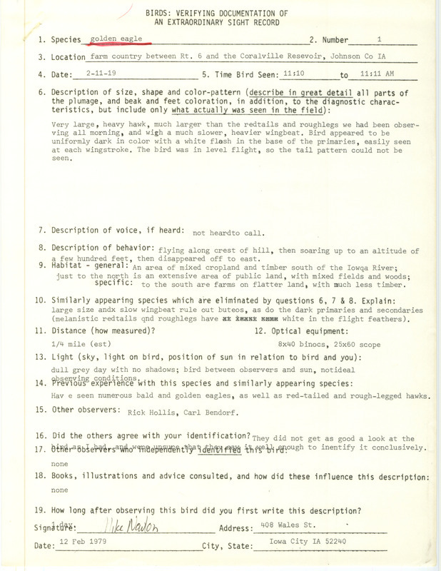 Rare bird documentation form for a Golden Eagle at Coralville Reservoir in Johnson County, IA on February 11, 1979.